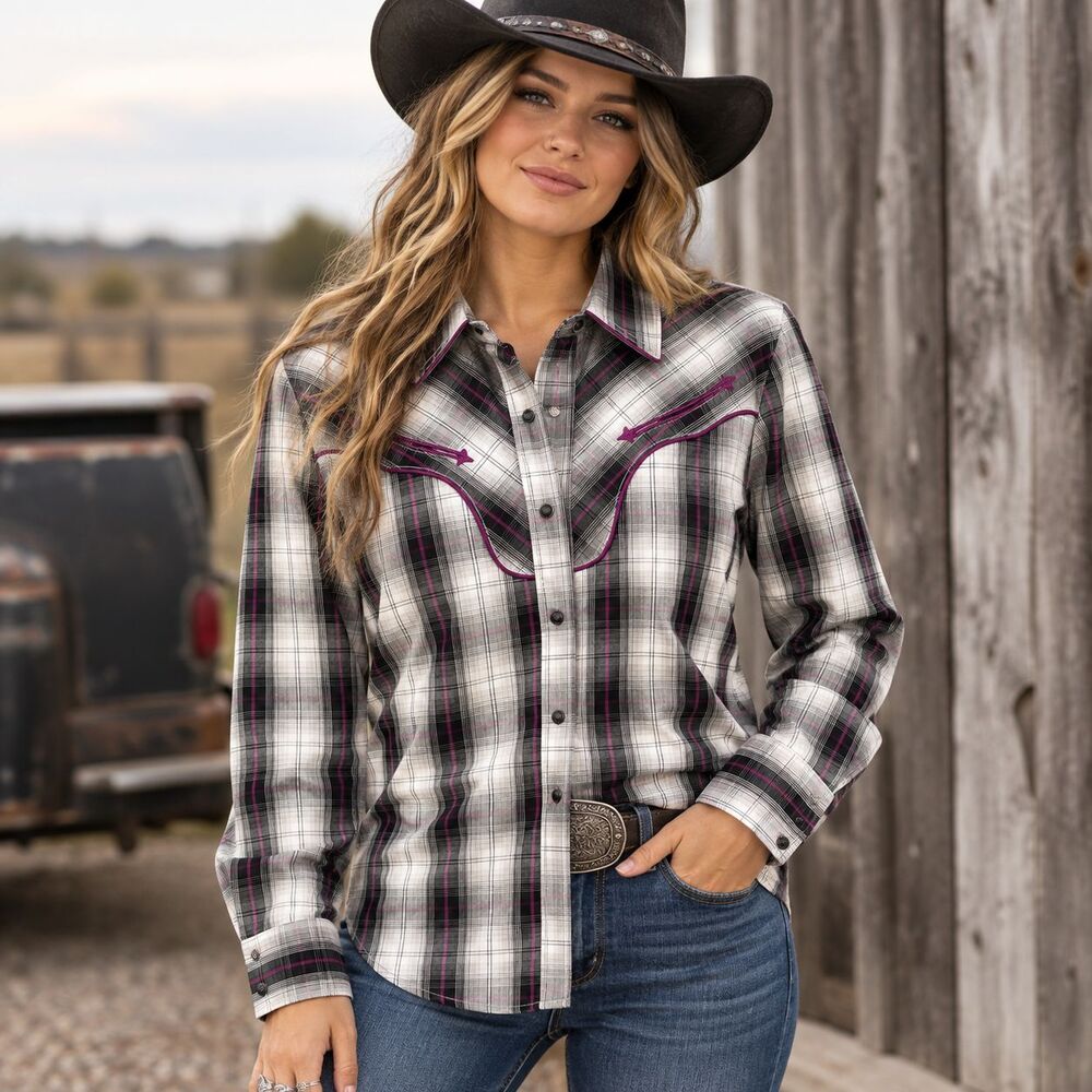 Wrangler Retro Cowgirl Core Plaid Western Shirt L Black Magenta Snap Western